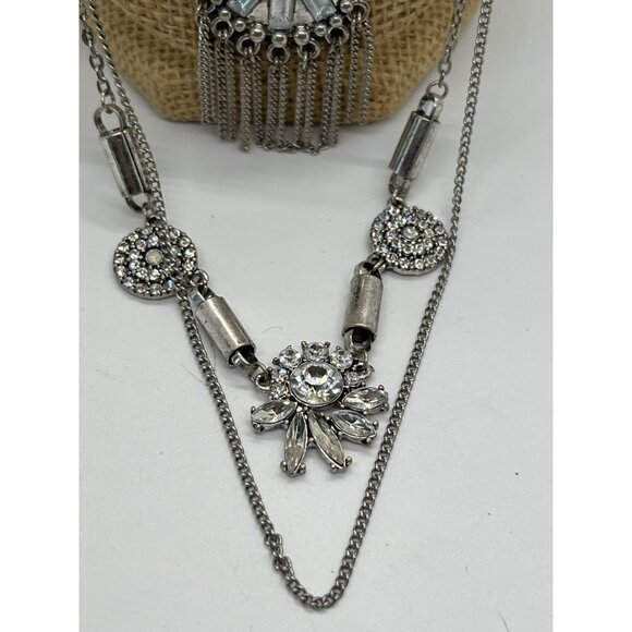Multi Layer Silver Tone Necklace Clear Crystal Accents Lobster Clasp Adjustable - Picture 4 of 5
